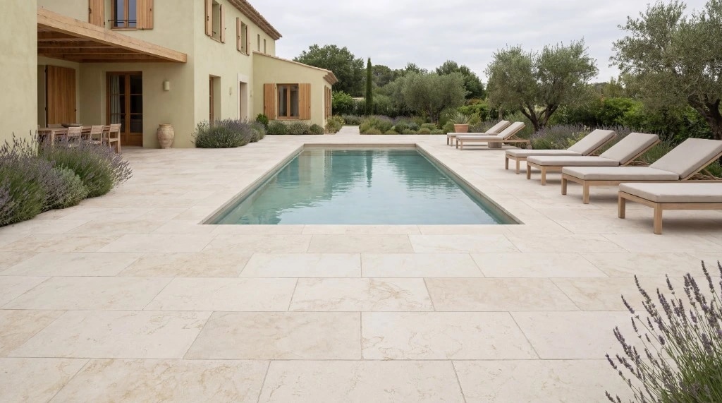 Piscina y terraza con pavimento de piedra natural en una villa mediterránea